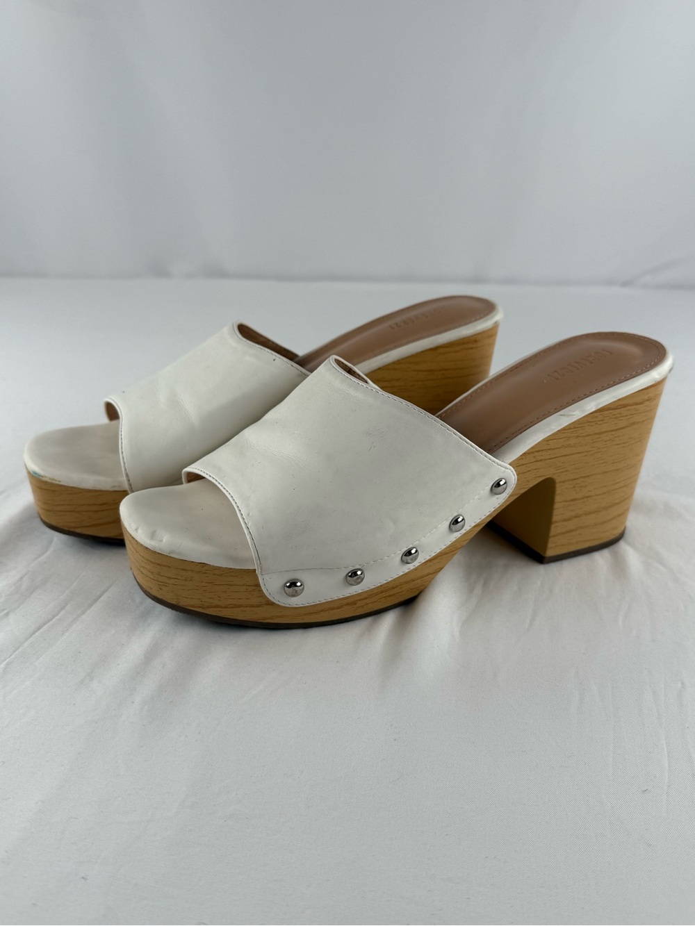 Forever 21 White Faux Leather Platform Clog Mules with Wood-Effect Heel - Picture 1 of 6